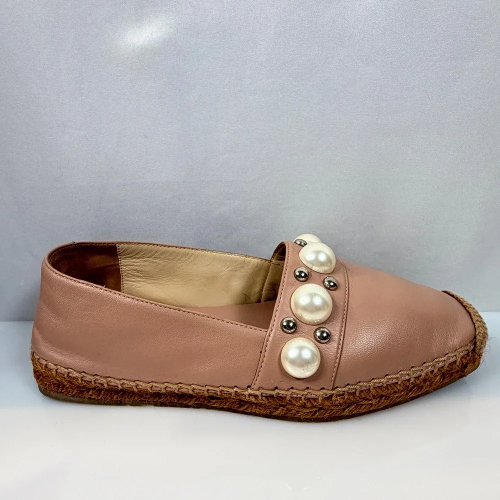 Jimmy Choo Blush Dru Leather Pearl Studded Espadrille Flats Pink Womens 36 6